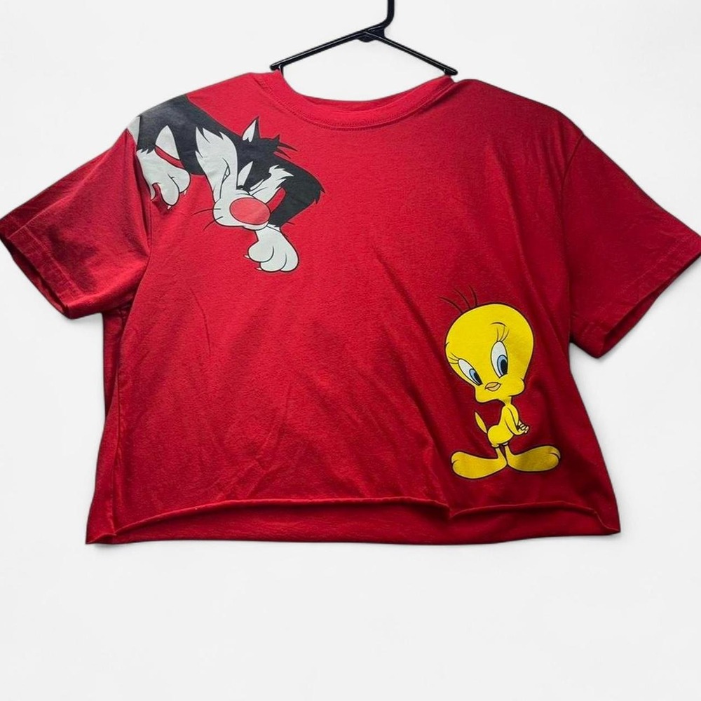 Looney Tunes Sylvester Tweety Bird Red Graphic Crop Top Shirt Large RN111647